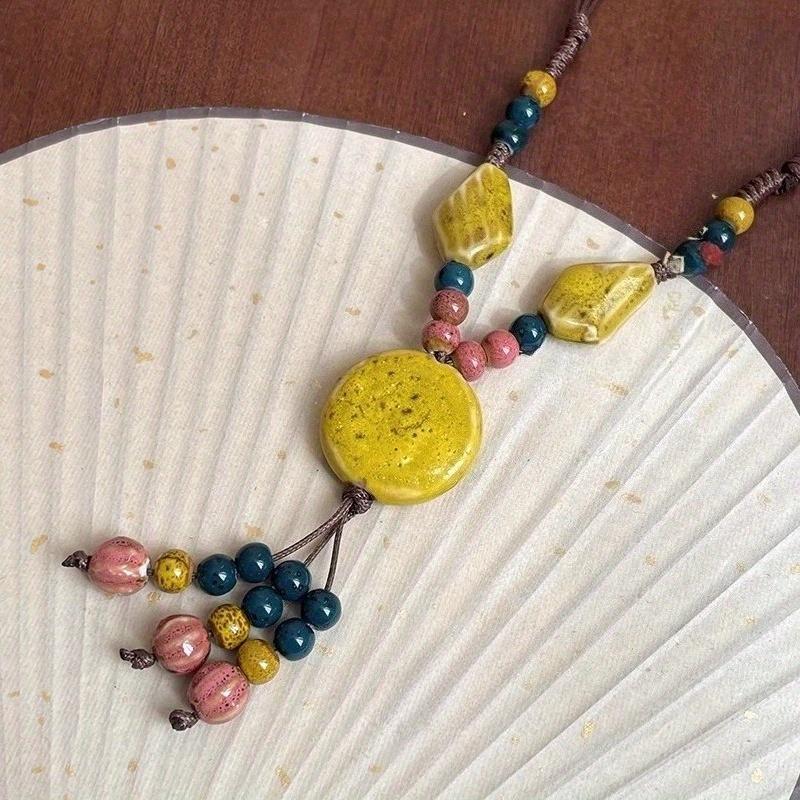 Vintage Tribal Adjustable Disc Ceramic Bead Necklace Handmade High Temperature Kiln Fired Irregular Bohemian Ethnic Sweater Chain For Women Daily Vacation Wear