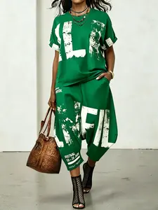 Women's Casual Letter Print Round Neck T-Shirt and Harem Pants Set, Two-Piece, Everyday, Comfortable and Stylish, Perfect for Daily Wear