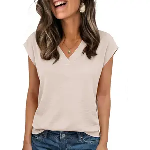 Womens Tops Cap Short Sleeve Textured Blouse V Neck Summer Spring Shirts Business Casual Outfits