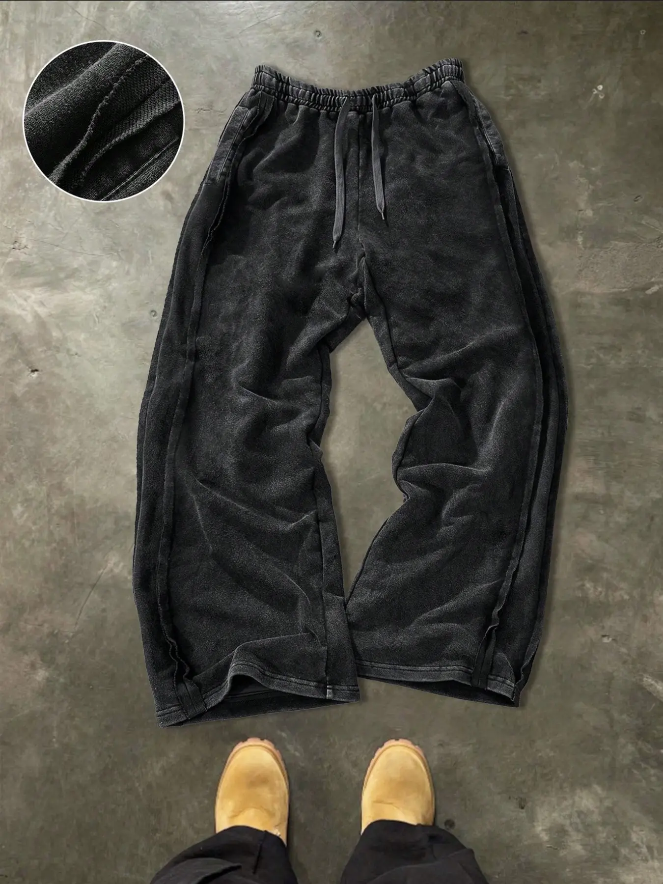 Men's Washed Frayed Edge Wide Leg Oversized Sweatpants, Elastic Waist, Long Drop Pants, Casual Leisure Wear, Comfortable and Stylish