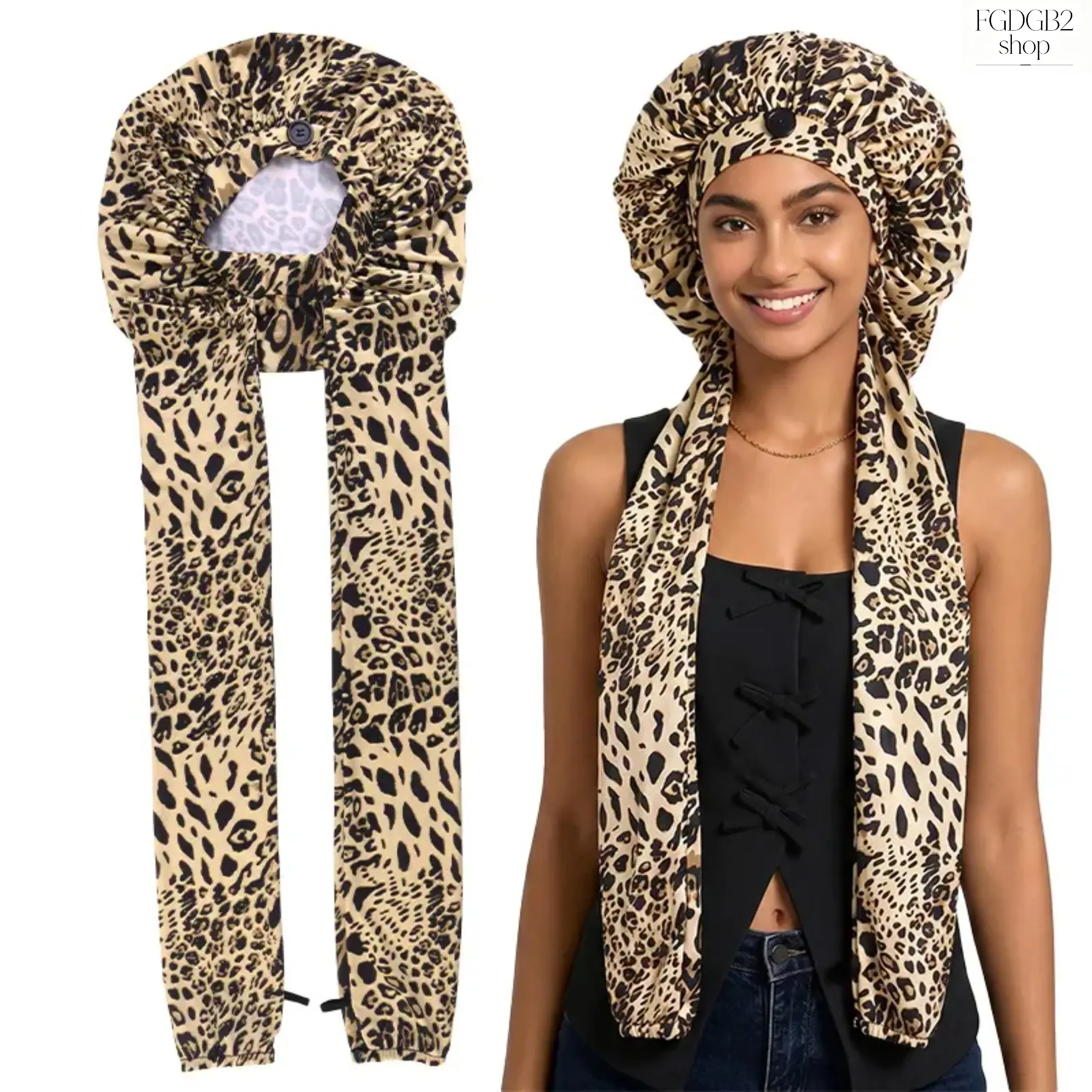 Leopard Print Satin Hair Bonnet for Women, Adjustable Tie Sleep Cap, Anti-Frizz Hair Wrap for Curly Hair, Locs & Braids, Lightweight Smooth Hair Protection for Night Sleep, Travel & Daily Wear