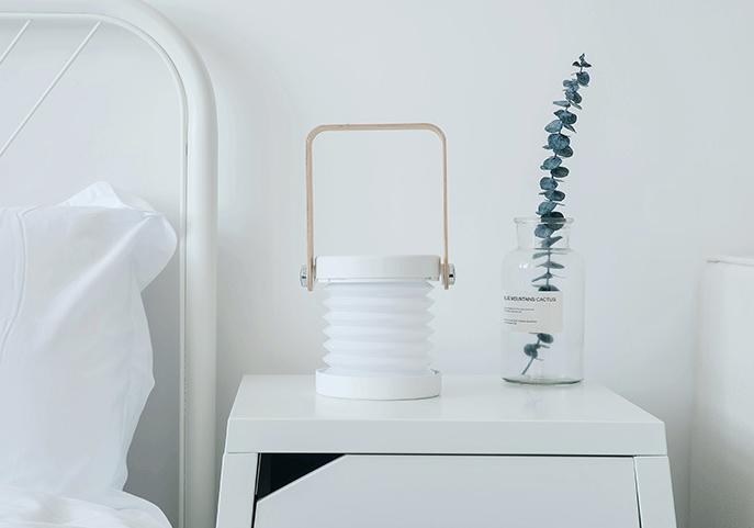 Piu LED Collapsible Lantern Lamp with Wood Handle Rotatable Touch Control Portable Night Light for Camping Bedroom Decor USB Rechargeable Elegant White