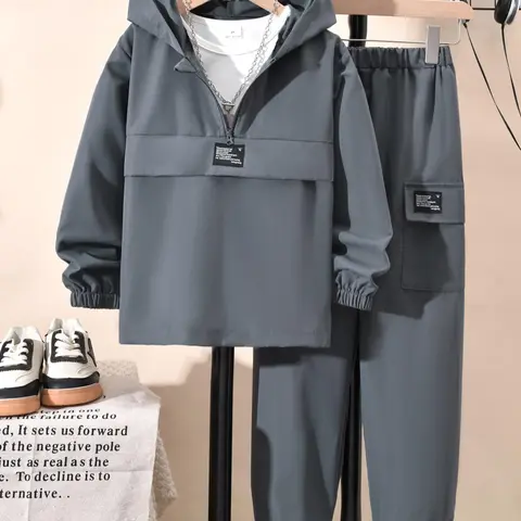 Boys' Two-Piece Solid Zip-Up Hoodie & Pocket Sweatpants Set, Casual, Comfortable and Functional Long Sleeve Hooded Sweatshirt & Jogger Pants, Kids Spring & Fall Clothes, Casual Set for Youth, Outfit Sets