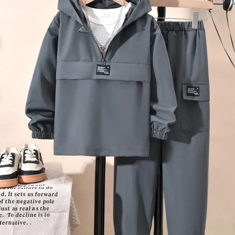 Boys' Two-Piece Solid Zip-Up Hoodie & Pocket Sweatpants Set, Casual, Comfortable and Functional Long Sleeve Hooded Sweatshirt & Jogger Pants, Kids Spring & Fall Clothes, Casual Set for Youth, Outfit Sets