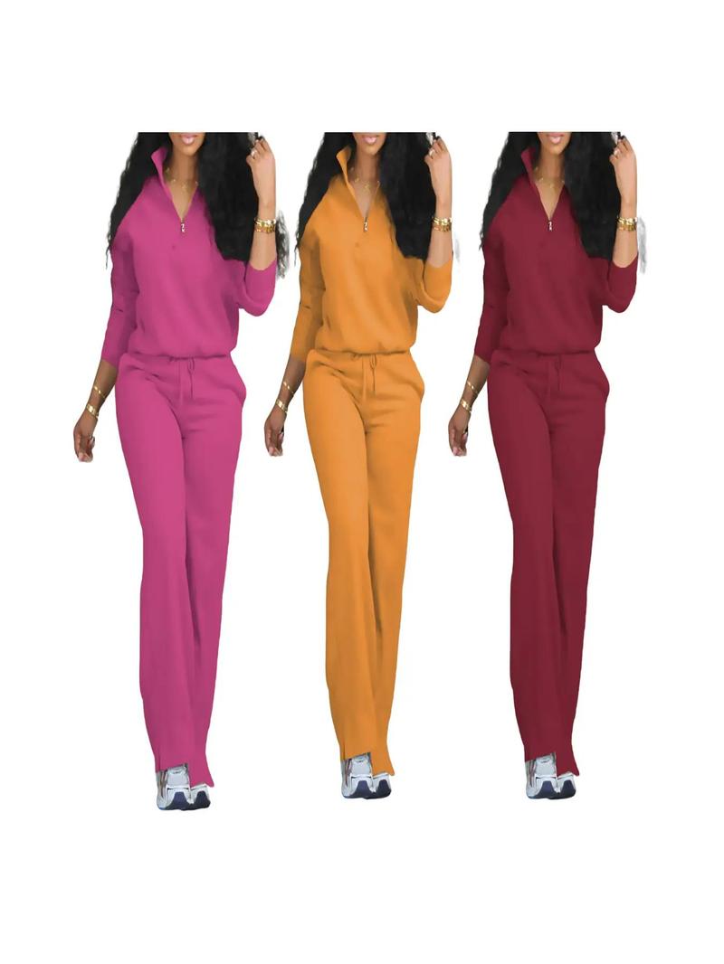 Women's Solid Half Placket Split Hem Pants Set, Casual Long Sleeve Top & Pocket Wide Leg Trousers for Summer, Ladies Clothes for Daily Wear, Womenswear
