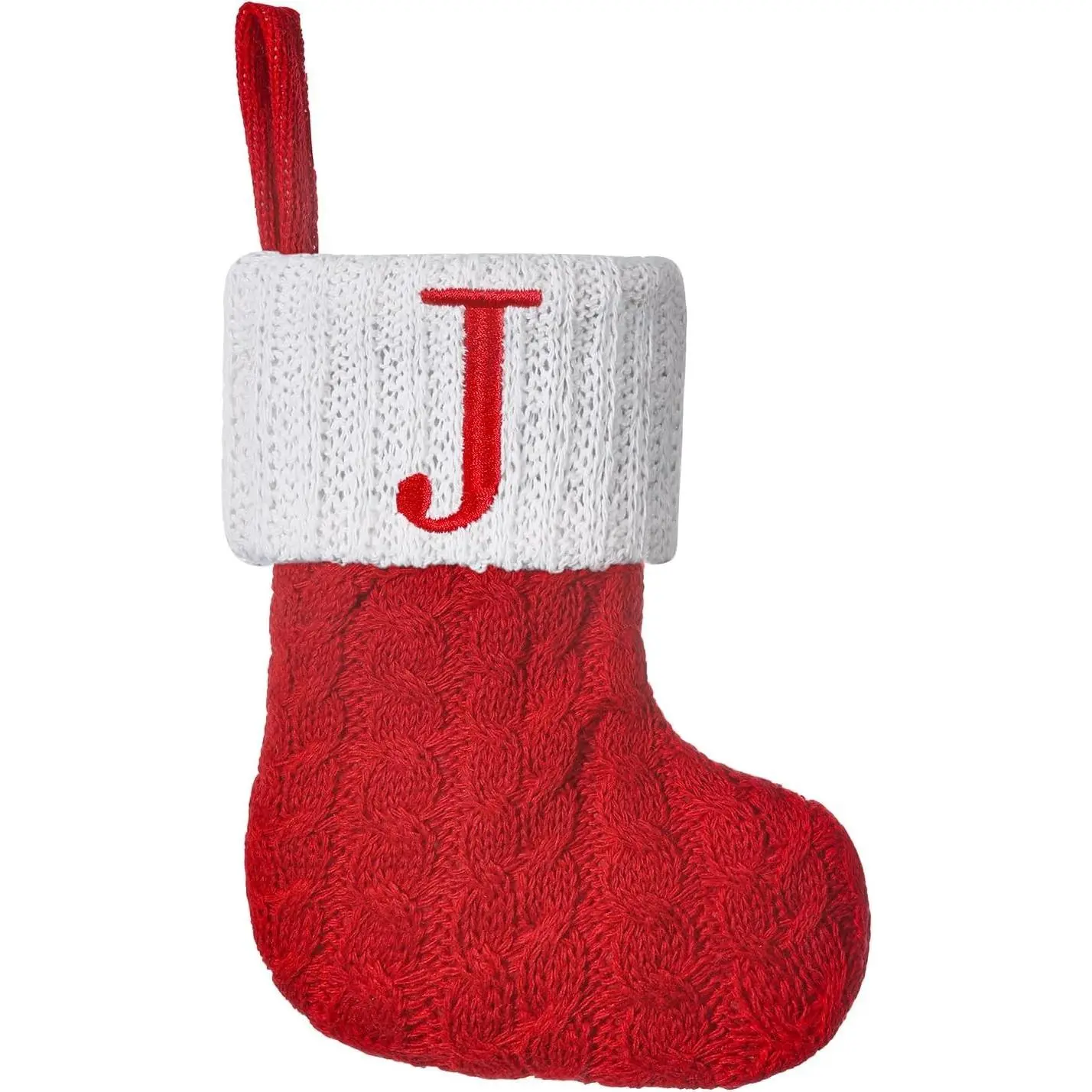Red Knitted Mini Christmas Stockings 8 Inch with Embroidered Initials, Personalized Cable-Knit Christmas Stocking White Monogram Letter, Holiday Mantel Fireplace Christmas Tree Decor
