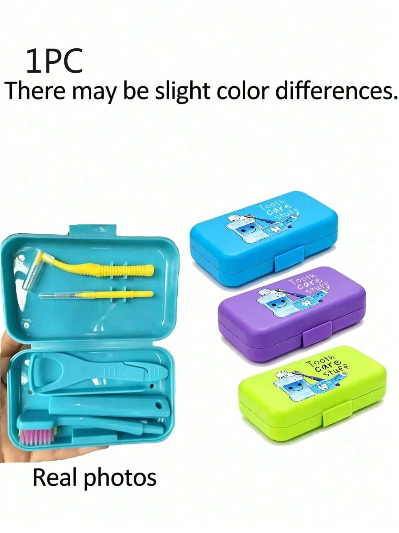 Box with letter & blue cleaning prints. All-in-one orthodontic kit: toothbrush, interdental brush, bite pad, aligner remover. Cleans hidden plaque and gaps, relieves brace soreness, safely removes clear aligners.