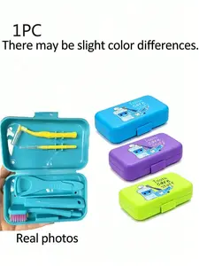 Box with letter & blue cleaning prints. All-in-one orthodontic kit: toothbrush, interdental brush, bite pad, aligner remover. Cleans hidden plaque and gaps, relieves brace soreness, safely removes clear aligners.