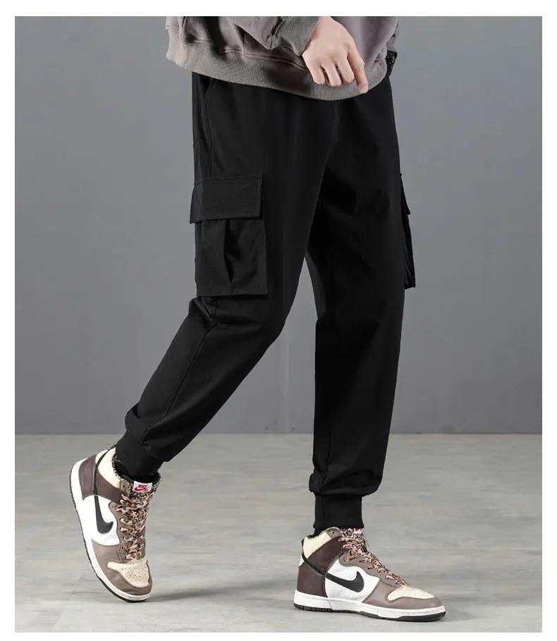 Casual work pants men's spring and autumn Japanese style Hong Kong style straight leg men's pants with multiple pockets, trendy black men's fashion brand ins loose paratrooper casual pants, thick American logging ankle pants