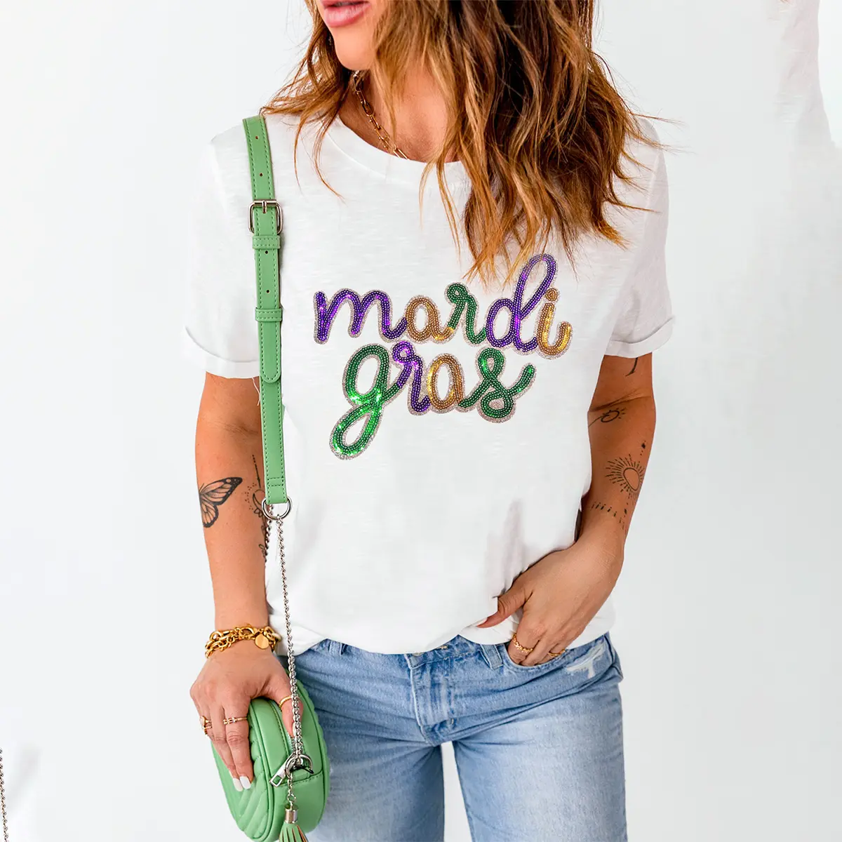 Women's Mardi Gras Graphic T-Shirt with Shiny Sequins, Casual Short Sleeve Crewneck Top, Plus Sizes S-3XL, Fit, Round Neck, Sleeves
