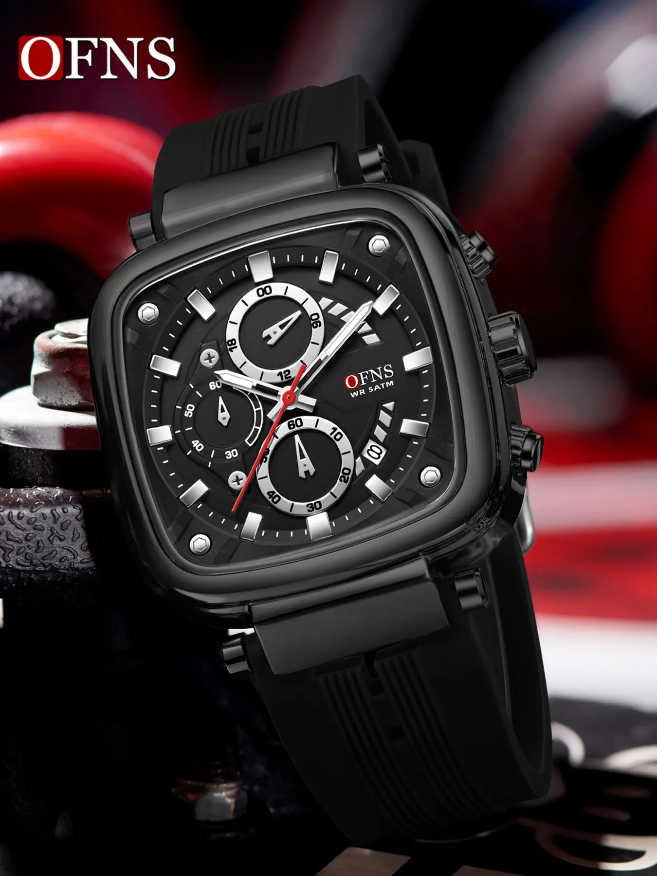 1Set Ofns 1208 Men's Square Racing Watch Zinc Alloy Case+Mineral Tempered Glass Six-Pin Chronograph Calendar Quartz Movement Silicone Strap Luminous 5Atm Waterproof Trend Joker Watch Unisex