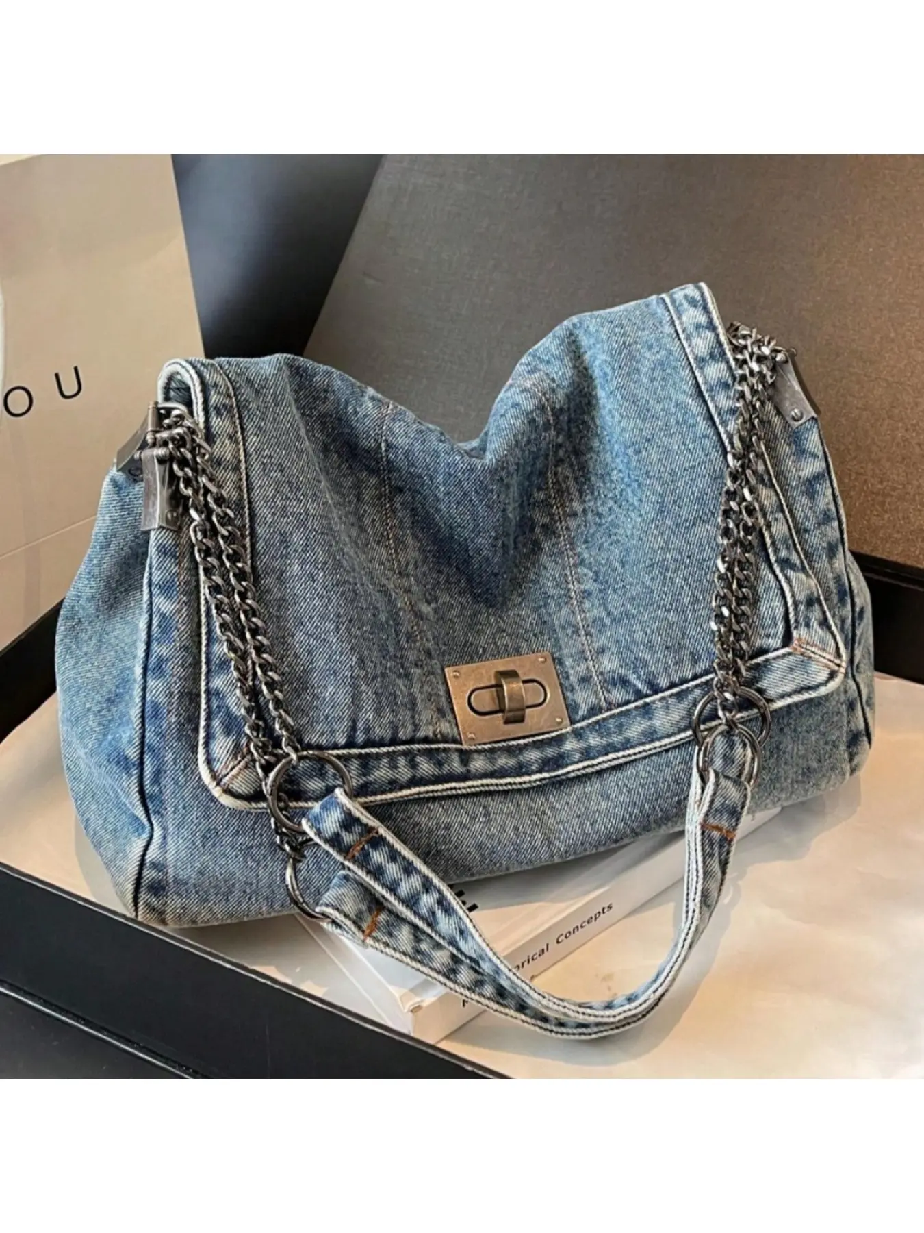 Denim Chain Shoulder Bag Women Retro Texture Fashion Commuter Work Armpit Bag Casual Travel Tote