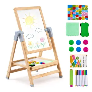 VEVOR Art Easel for Kids, 2-in-1 Wooden Double-Sided Kid's Art Easel with Magnetic Whiteboard Chalkboard, Adjustable Standing Rotatable Foldable Drawing Board with Painting Accessories for Boy Girl
