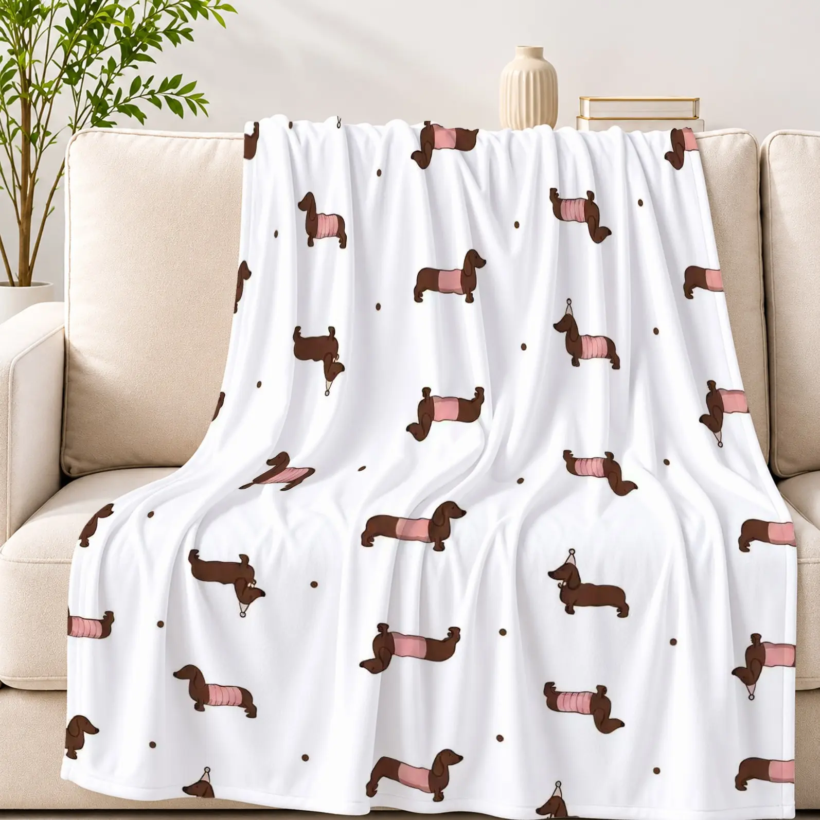1PCS Summer Cooling Blanket, White Coquette Cartoon Dachshund Single Side Print Throw, Q-MAX Instant Cool Touch Lightweight Breathable Blanket, For Bed Sofa Travel Office Nap, Sweet Gift for Girls & Ladies
