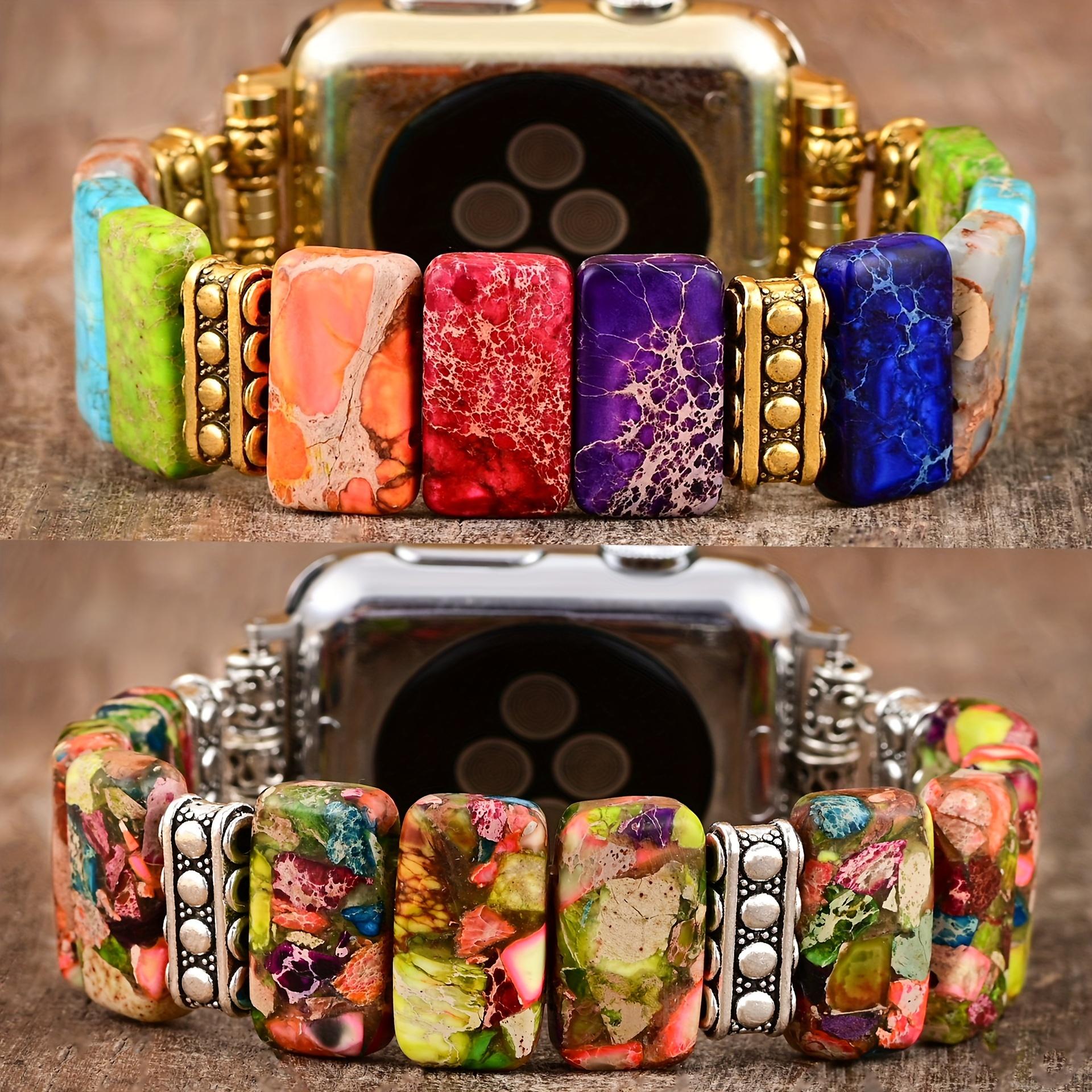 Colorful Natural Stone Beaded Apple Watch Band, Handmade Elastic Stretch Strap Compatible with iWatch Series 9/8/7/6/5/4/3/2/1 38mm-49mm, Cute Feminine Watch Band for Women