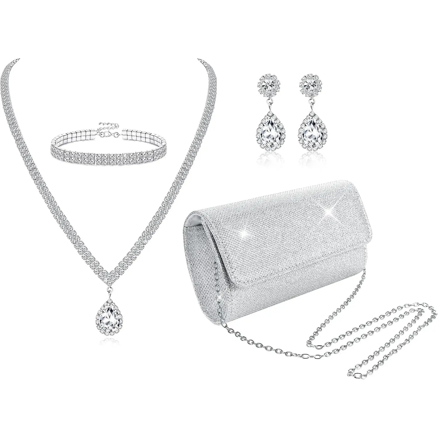 5Pcs Silver Clutch Purse Jewelry Set for Women, Crystal Necklace Earrings Bracelet, Evening Bag Rhinestone Set, Silver Accessories Bridal Wedding Jewelry