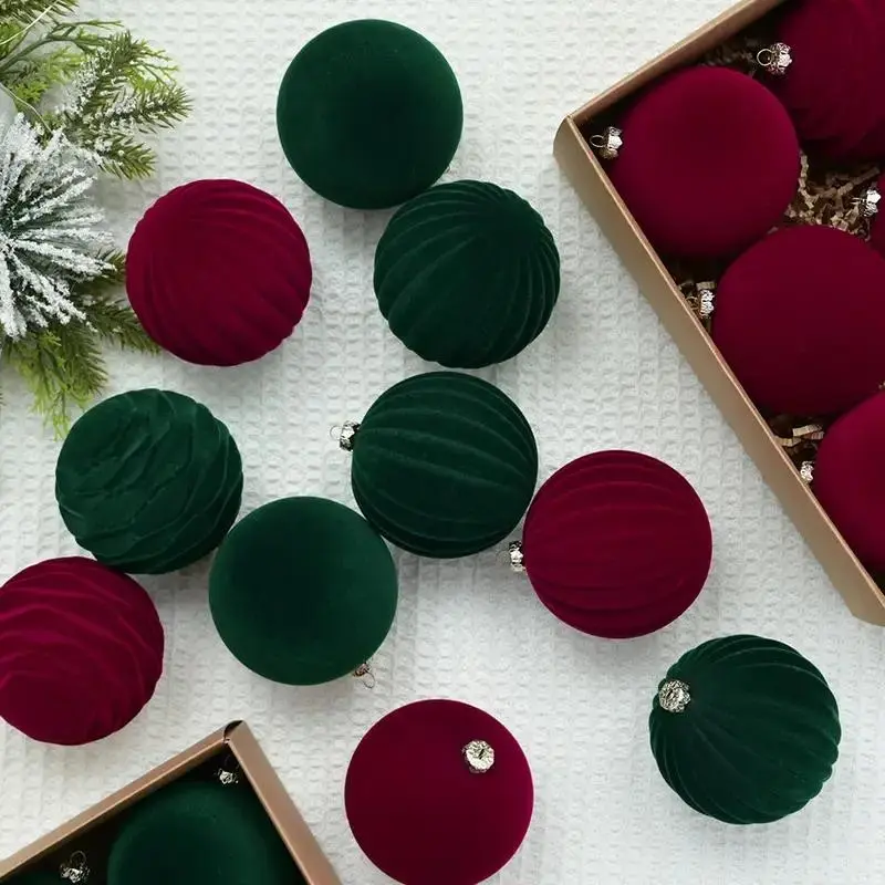 12pcs Velvet Christmas Tree Ornaments, Plush Flocked Hanging Balls, Non-Feathered, Durable Plastic, Festive Decoration Pendants, Holiday Party Decor