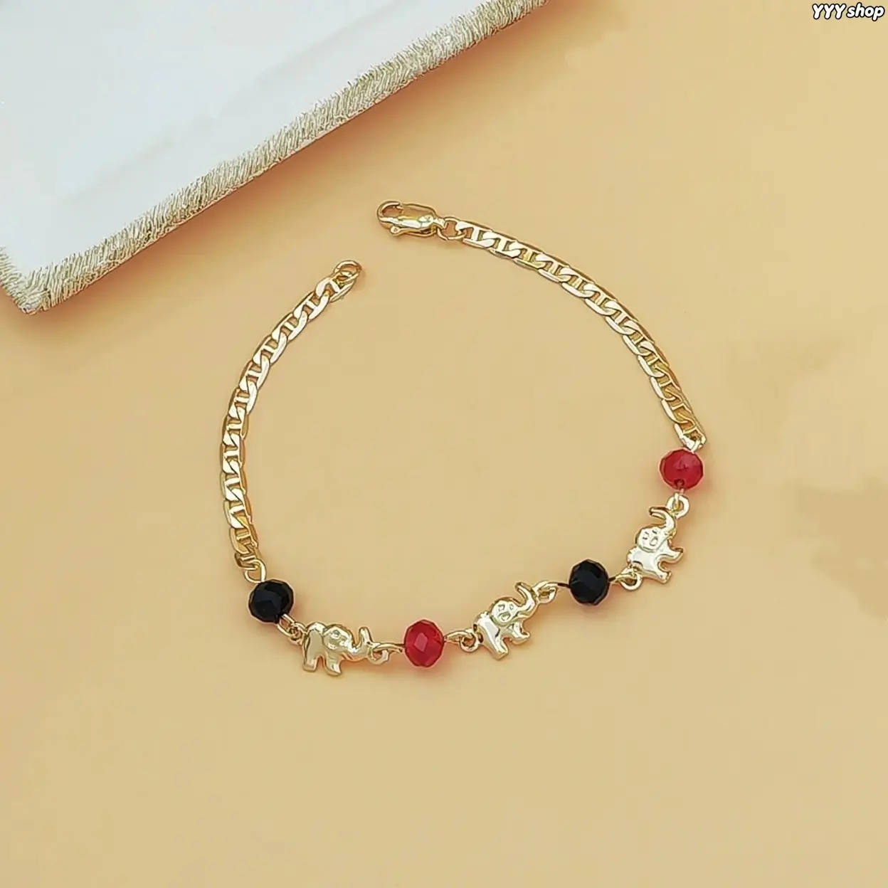 Gold Elephant Lucky Charm Bracelet, Animal-Themed Link Chain Decorated With Red & Black Synthetic Beads, Dainty Hypoallergenic Wrist Accessory, Lightweight Comfortable Ornament For Sports, Outdoor Activities,summervibes