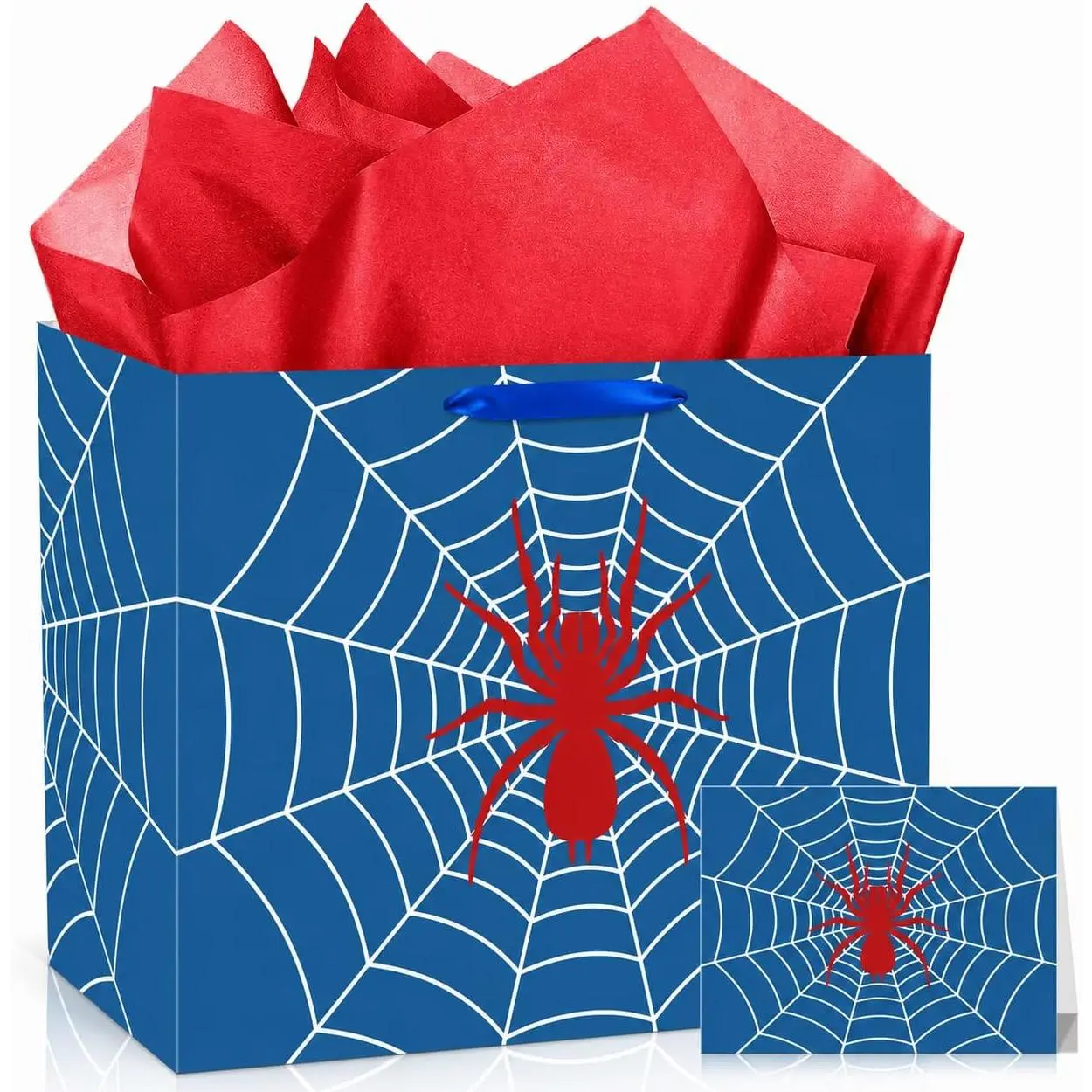 Blue Spider Birthday  Bag Spider Party Paper Bags with Handles Tissue Paper and Card Blue Spider Webs Wrapping Bag Spider Party Decorations for Men Girls Boys Birthday Supplies