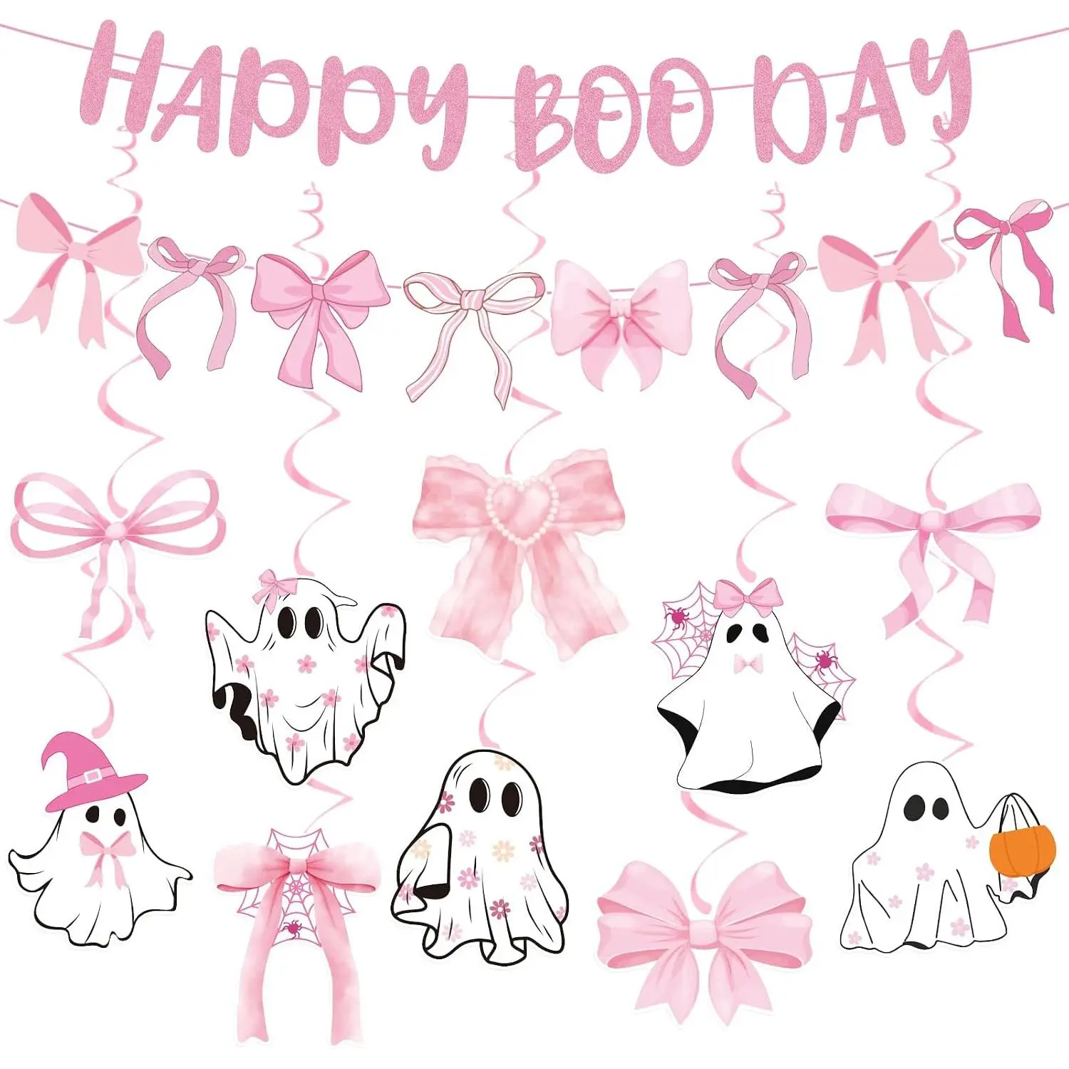 Halloween Party Decorations - 12 count Happy Boo Day Decor |  Girly Pastel Birthday Booday Bow  Banner  Swirl Halloween Party Supplies Decor for Girl Women