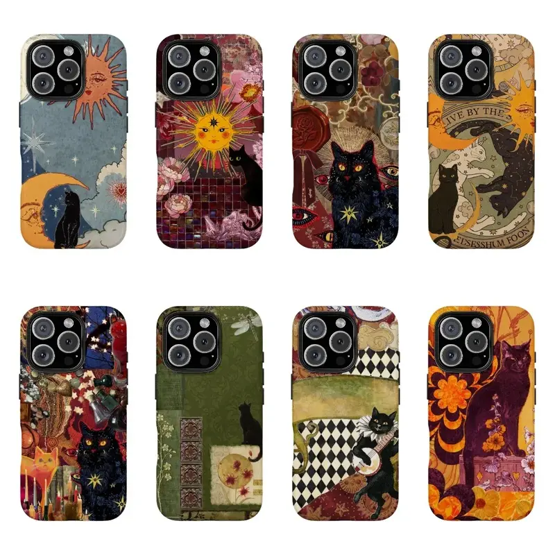 Whimsigoth Aesthetic Black Cat Phone Case for IP 17 16 15 14 13 12 11 Pro Max , Whimsical Psychedelic Collage Phone Case, Purple Lotus Fairycore, Fairycore Nature - Aesthetic Purple Flower Phone Cover, Trippy Sun, Dancing Animals, Tough Case, Waterproof
