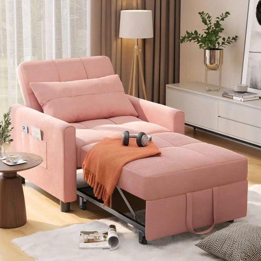 Single Seat 3-in-1 Adjustable Fabric Cover Sleeper Sofa Chair Bed - Pull-Out Bed, Recliner with Adjustable Backrest, Convertible Folding Lounge for Small Living Room, Bedroom Spaces, Multi-Use