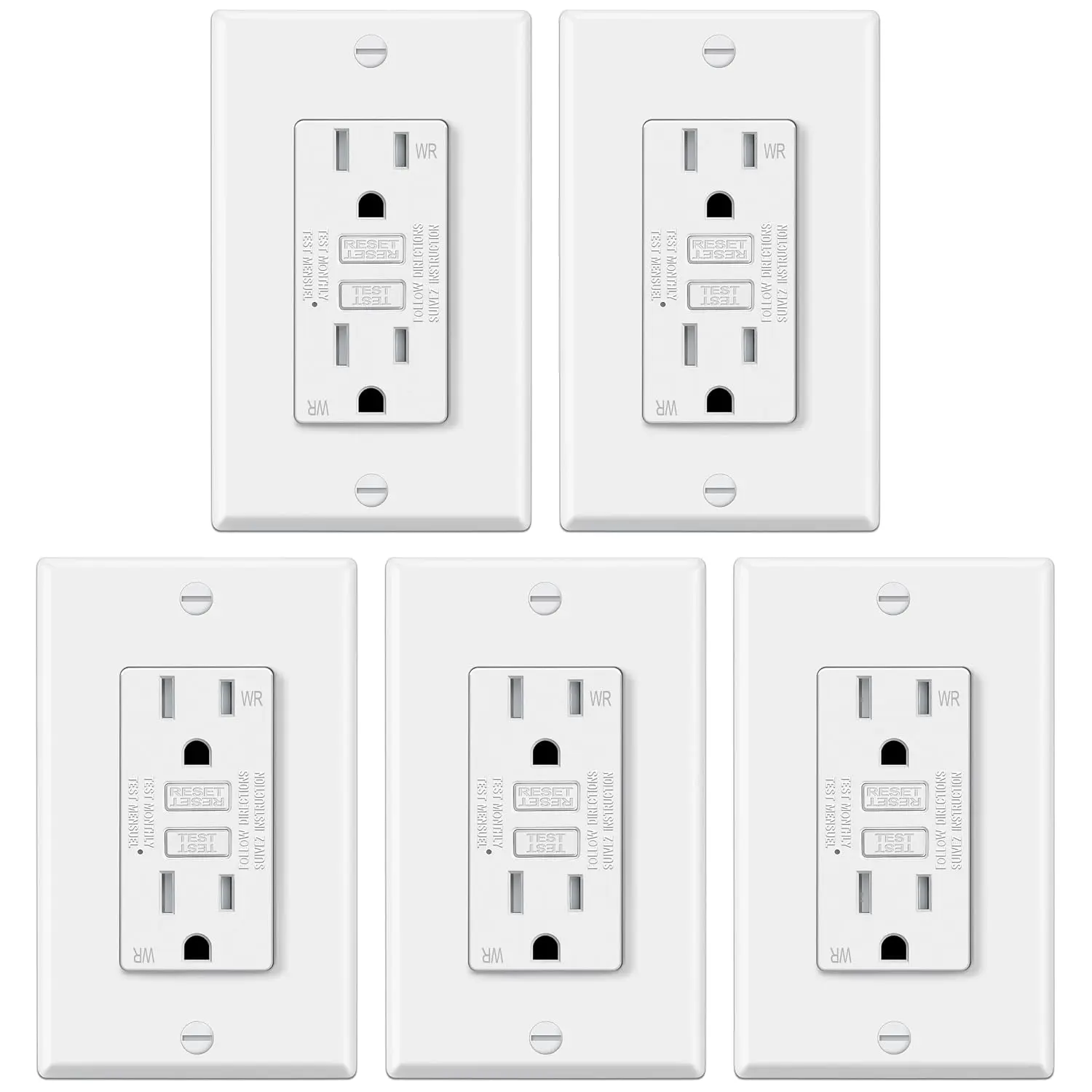 5 Pack 15 Amp TR GFCI Outlets, Outdoor GFI, ETL Listed, White | Ultra Slim Design, 15A GFI, Weather Resistant with LED , Ground Fault Circuit Interrupter, Wallplate Included