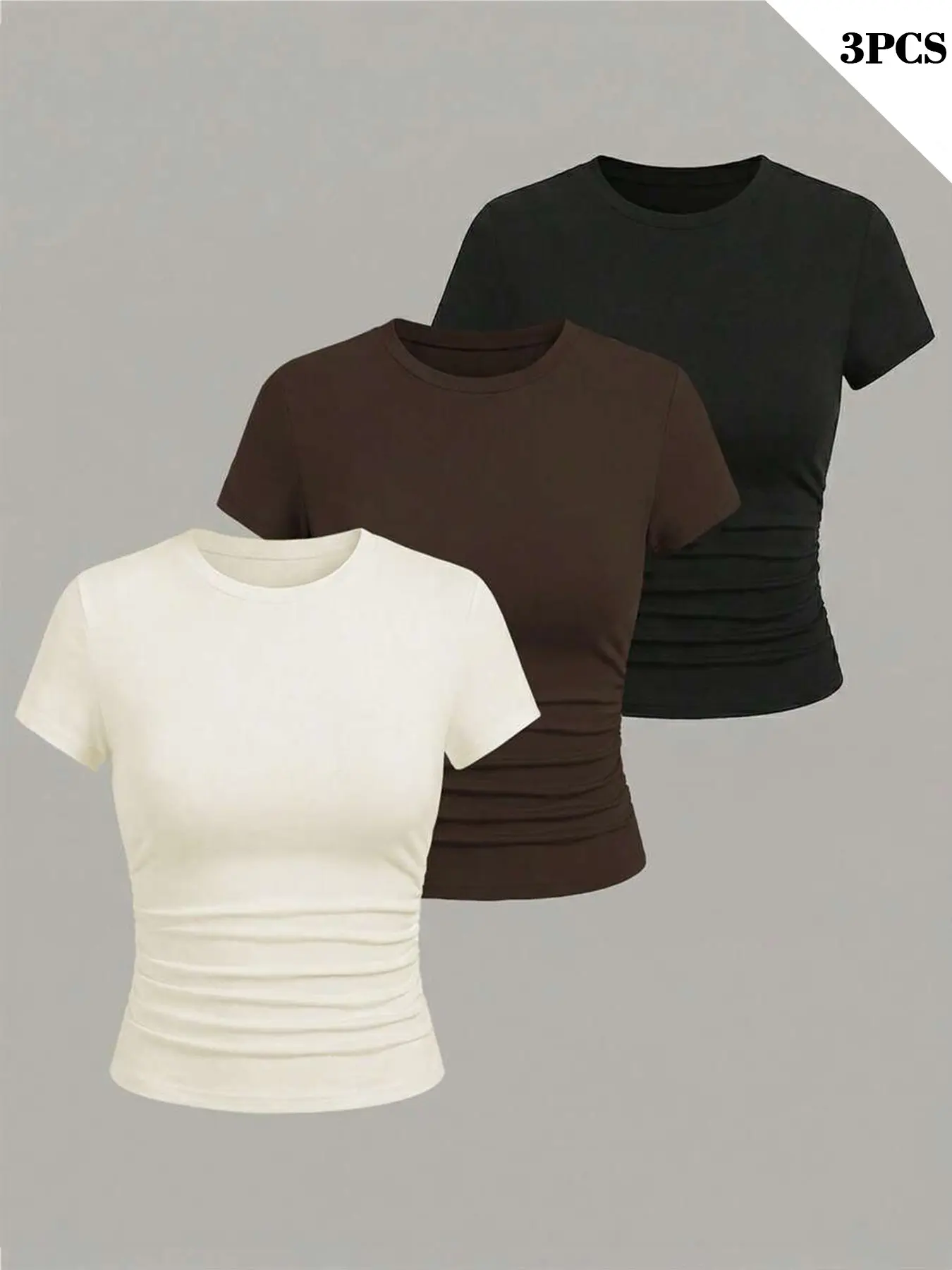 Three-Pack Round Neck Short Sleeve T-Shirts for Women, Side Ruched Waist Slim Fit, Basic Solid Color Versatile Top, Casual Style