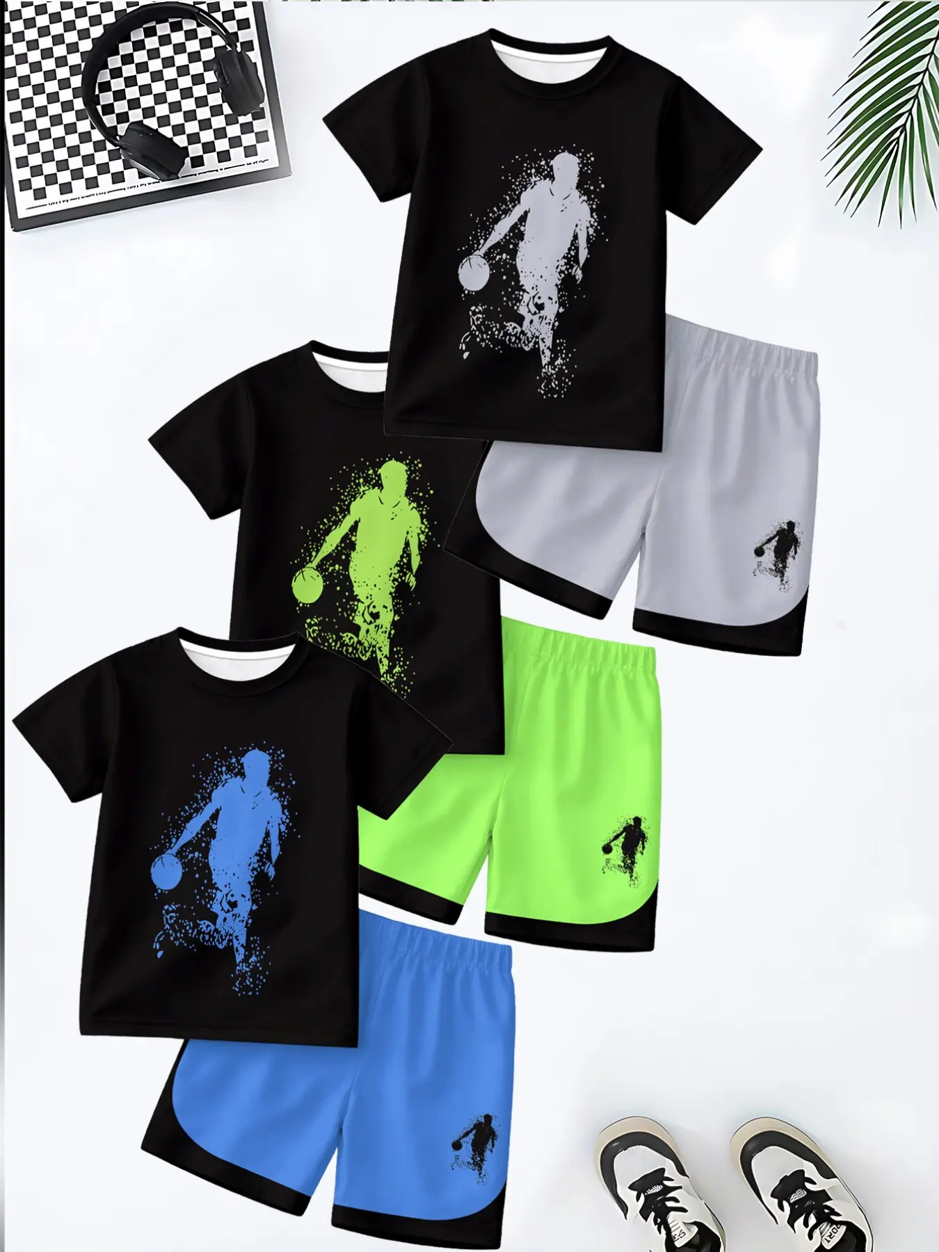 3 sets specially designed for little boys who love basketball, featuring a refreshing and breathable short sleeved and shorts two-piece set, Athletic Set, Top and Shorts, full of sportiness and vitality, Kids Clothing