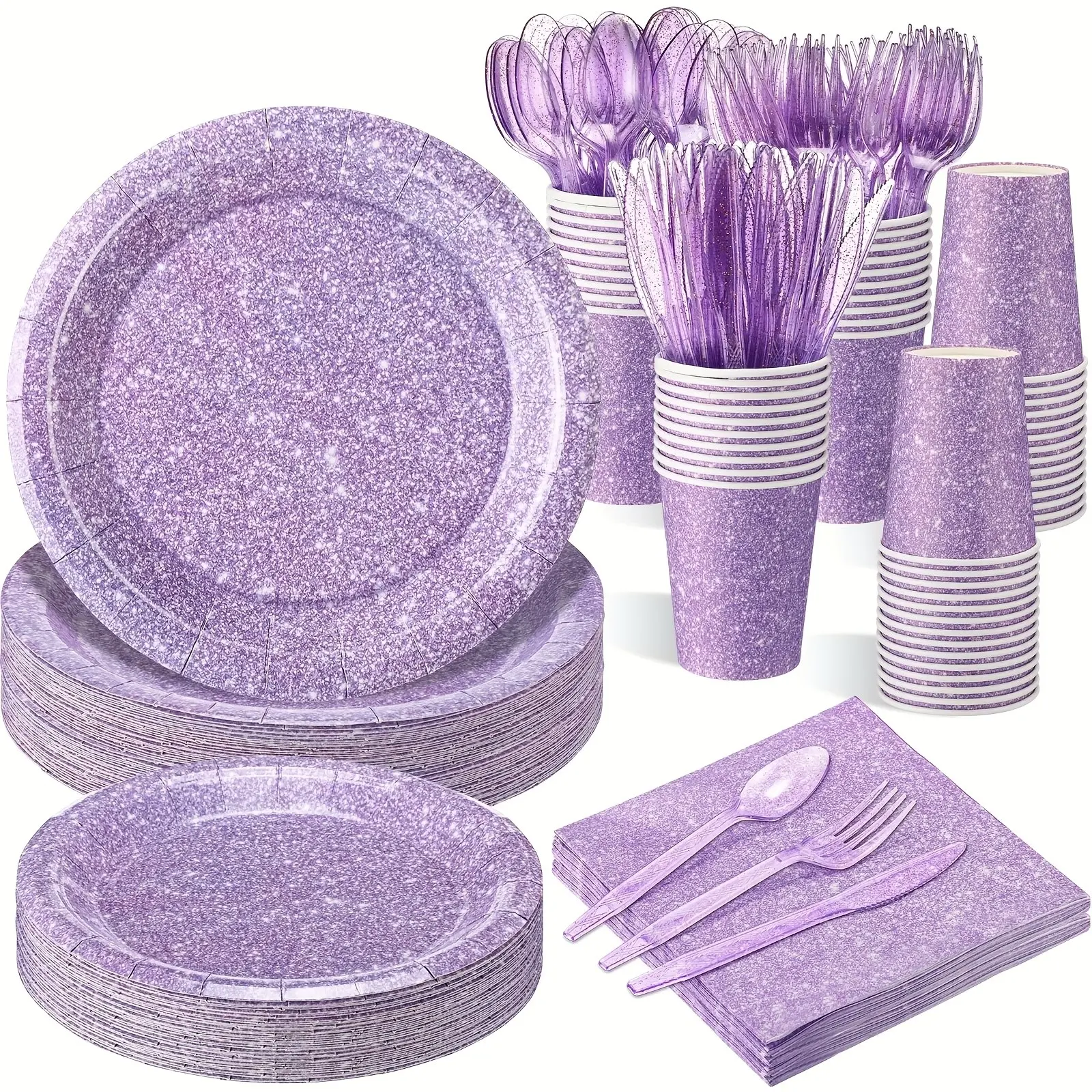 175pcs Pastel Purple Holographic Print Party Disposable Dinnerware Set Include 50 Paper Plates, 25 Napkins, 25 Cups, 25 Plastic Forks, 25 Knives, And 25 Spoons for Guest Holiday Wedding Halloween&Christmas