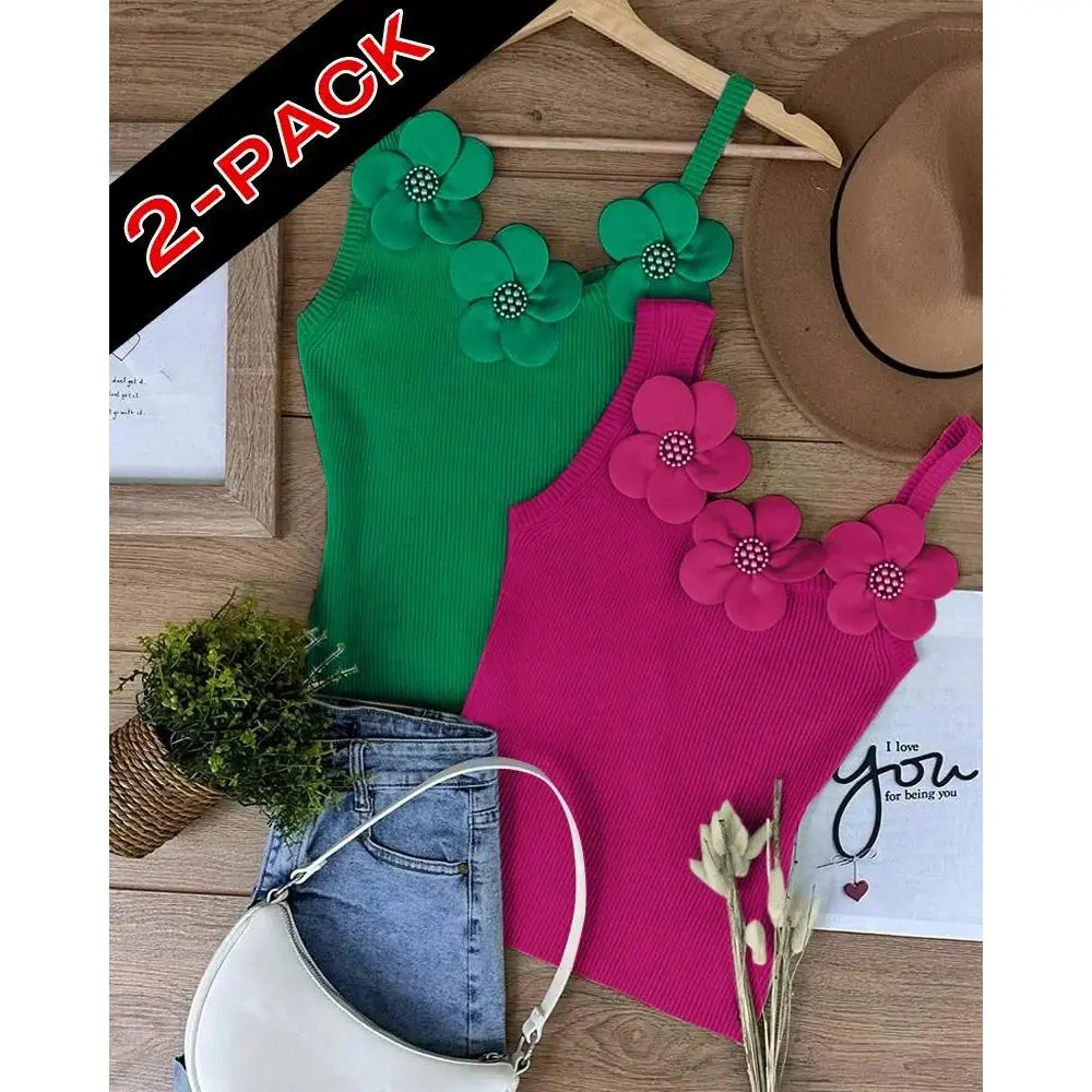 Women's Solid 3D Flower Tank Top Asymmetrical Neck Sleeveless Casual Ribbed Knit Camisole