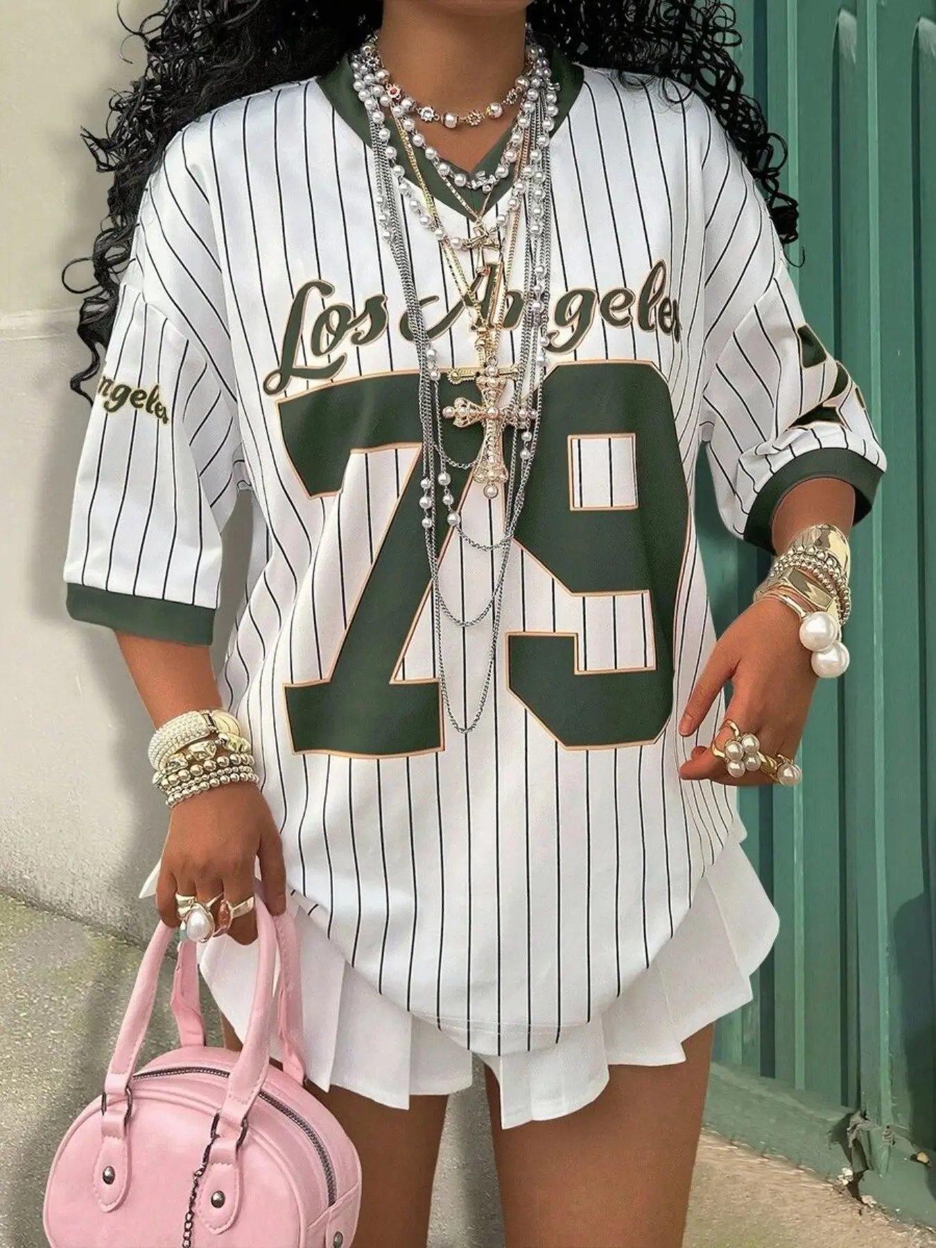 Y2K Retro Los Angeles 79 Striped Baseball Jacket Women's Loose V-Neck Sporty T-Shirt, Casual Streetwear, All Seasons
