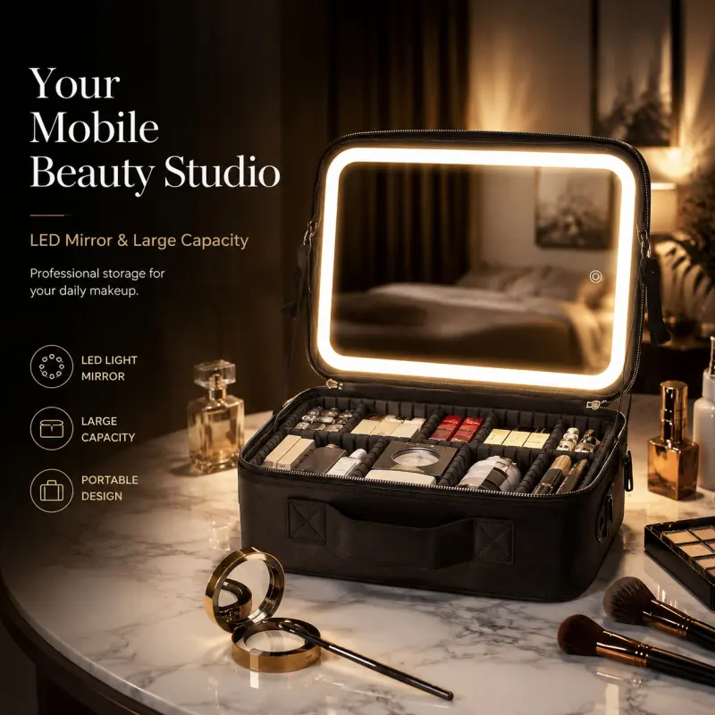 portable makeup case with built in led light mirror large capacity adjustable divider Makeup Organizer Travel cosmetic travel bag professional beauty storage vanity case Cosmetics Bag Makeup Bags