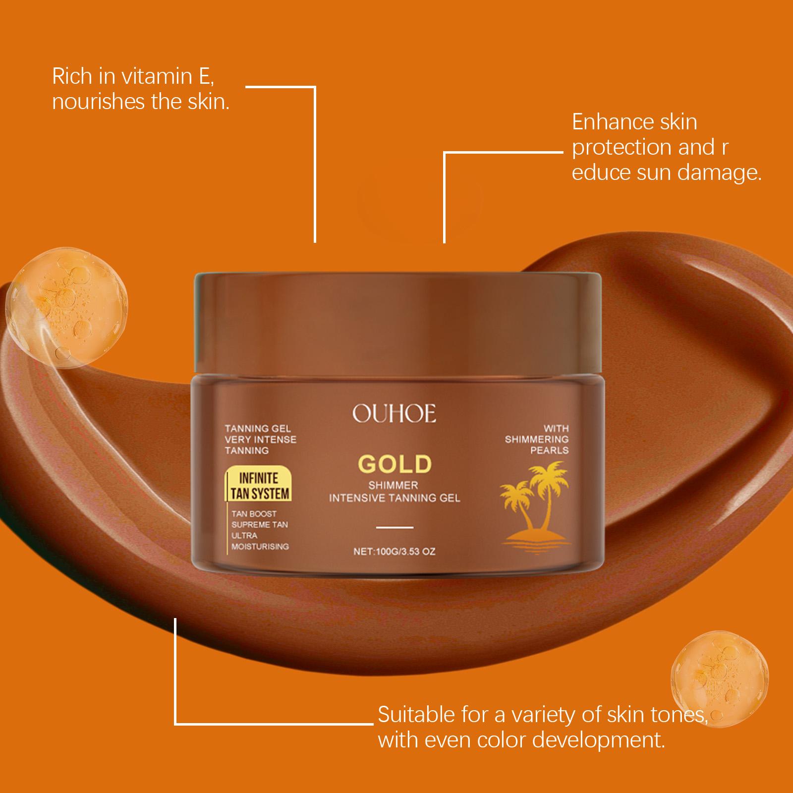 OUHOE Gold Shimmer Tanning Gel, Sunflower & Calendula Herbal Protection, 10-Min Quick Dry, Reduces Sun Damage, Lasting Gold Luster for Radiant Skin, All Skin Types Intensive Hydrating sunscreen self dark tanglow bronzing agent balm