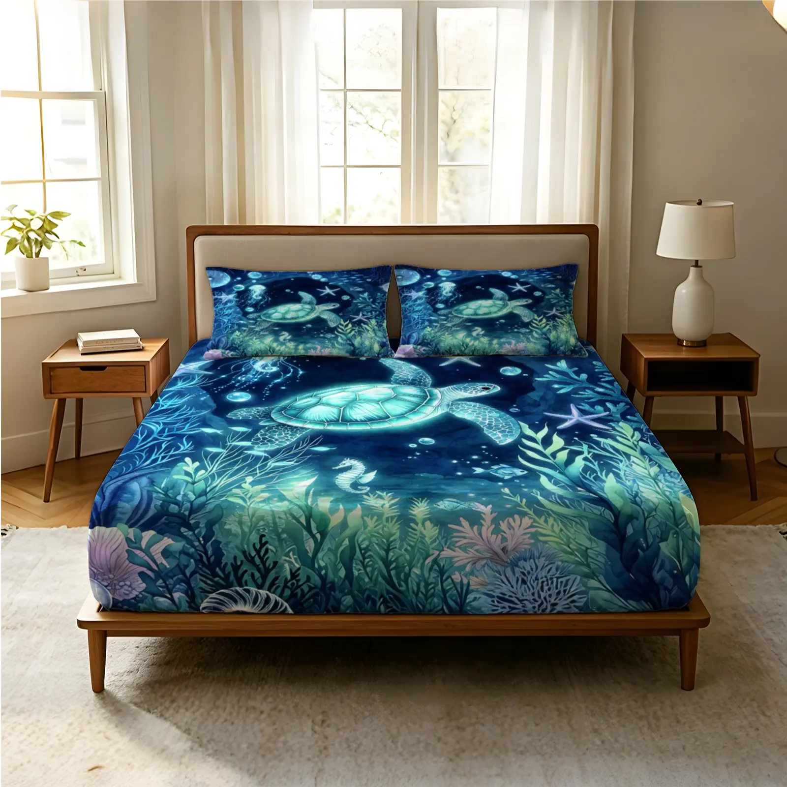 3-Piece Glow-in-the-Dark Sea Turtle, Coral, and Jellyfish Print Fitted Sheet Set, Fantasy Deep Sea Theme Bedding, Suitable for Bedrooms, Guest Rooms, and Teen Rooms, All Season Use
