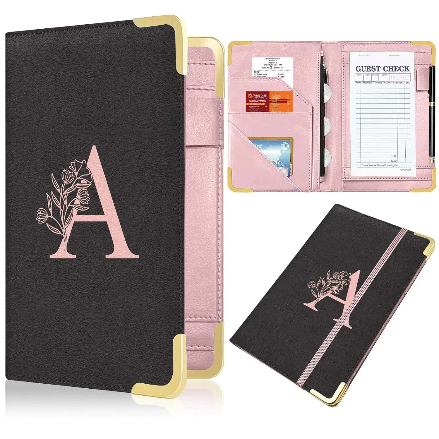Server Book, Alphabet Waitress Book for Waitress, Leather Waitess Book with Zipper Pocket, Server Manual Checkbook Fits Server Apron (A)