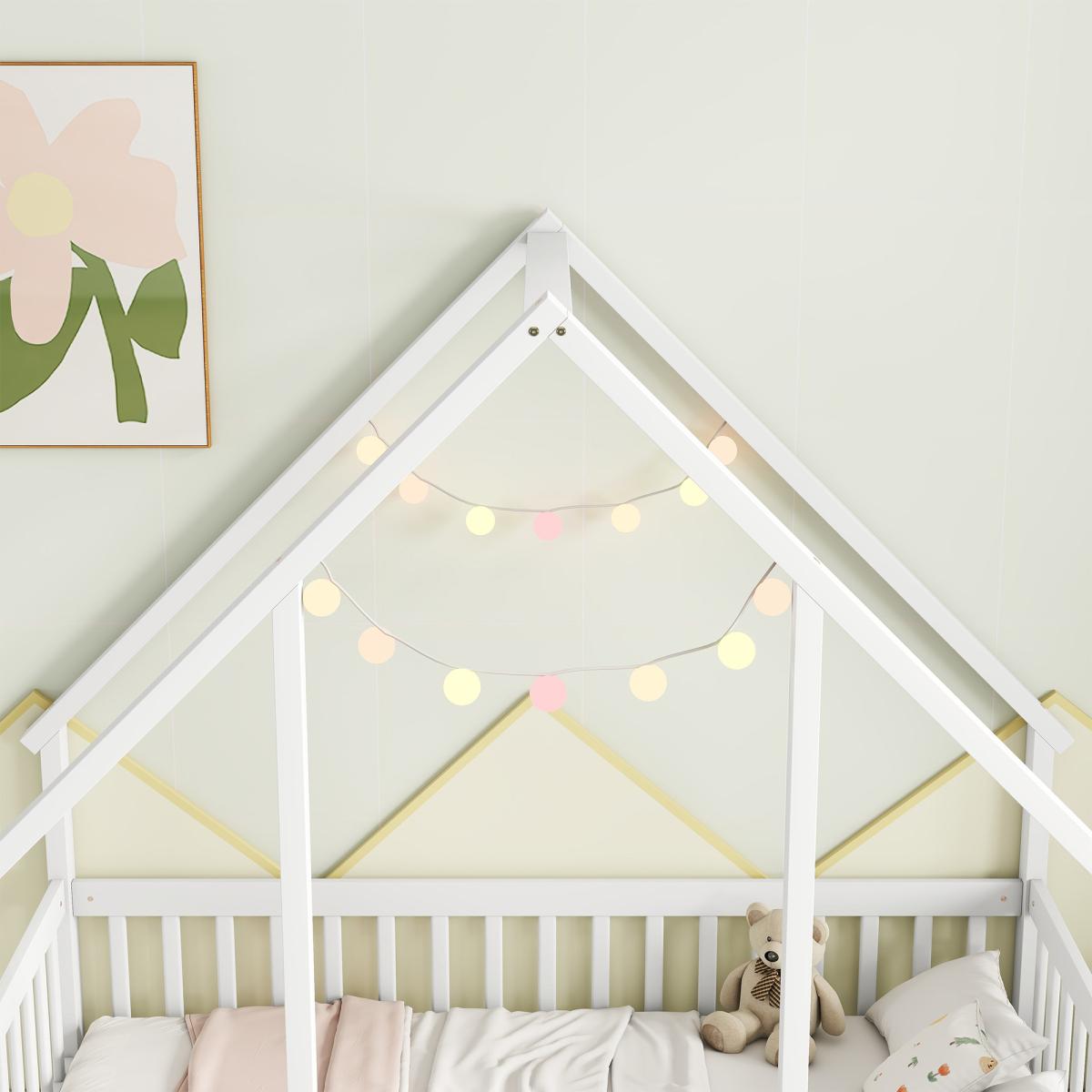 No mattress included.，Twin Wood House-Shaped Floor Bed with Fence, Guardrails ,Twin Size House Bed. Montessori Floor Bed Frame with Safety Guardrails & Playhouse Roof Easy Assembly Toddler Bed for Boys and Girls.