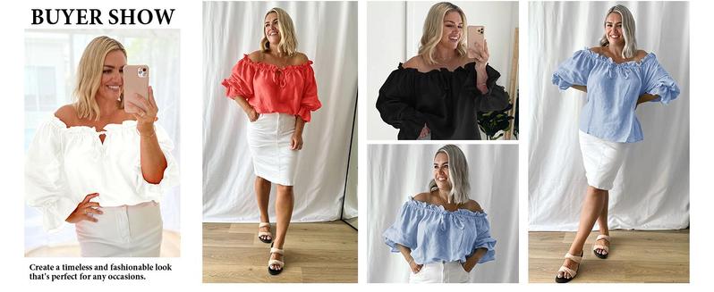 Imily Bela Womens Off The Shoulder Tops Puff Long Sleeve Tie Front Loose Fit Ruffle Shirts Blouses