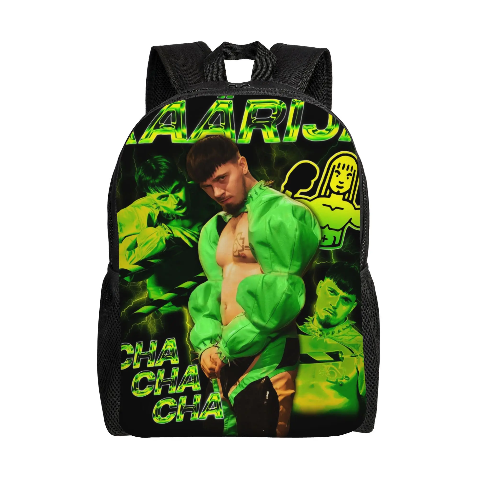 Käärijä Cha Cha Cha Neon Green Lightning Collage Backpack, Eurovision Finnish Rapper Graphic 600D Oxford 15in Laptop Bookbag For EuroVision Fans Teens Concert Street Travel Daypack Gift