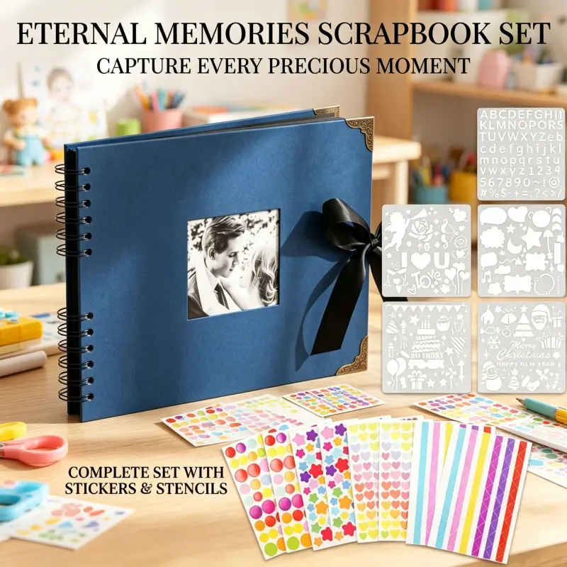 Complete Scrapbook Album Set Spiral Bound Memory Book Black Ribbon Closure Color Heart Strip Stickers Multi Theme Drawing Stencil Templates