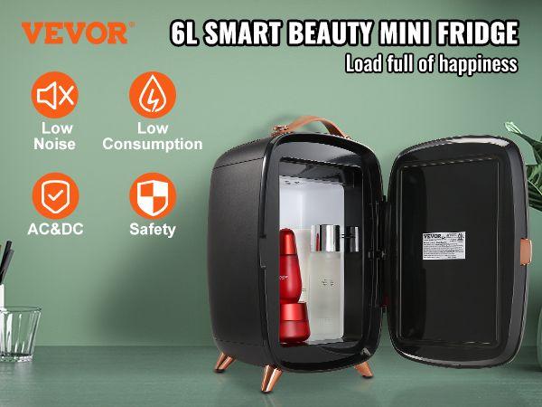 VEVOR Mini Fridge, 6L Skincare Fridge with LED light and HD Mirror, AC/DC Makeup Fridges for Skin Care, Cosmetic Storage, Chill Face Mask Drink, Small Refrigerator for Bedroom Dorm Desktop, Black