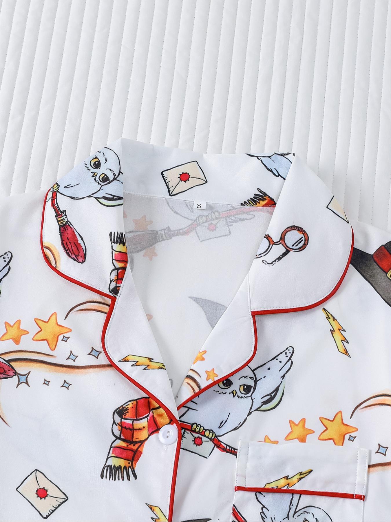 Women's Owl Print Short Sleeve Top & Elastic Waist Shorts Pyjama, Casual Comfy T-shirt & Shorts PJ Set, Ladies Sleepwear for Summer, Loungewear, Pajama Set, Pajamas Set