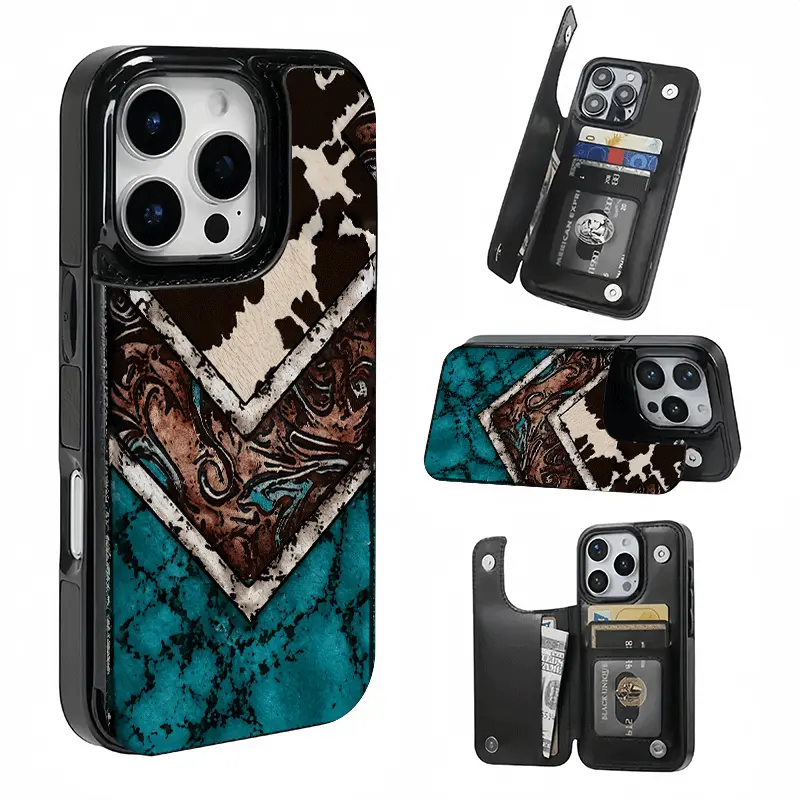 Western Cowboy Style Patchwork Texture Phone Protective Card Holder Case with Card Slots for iPhone 17-12 Series, Single Unit, Fall Protection Cellphone Accessory, Stores Bank/Transit Items, Girls' Gift