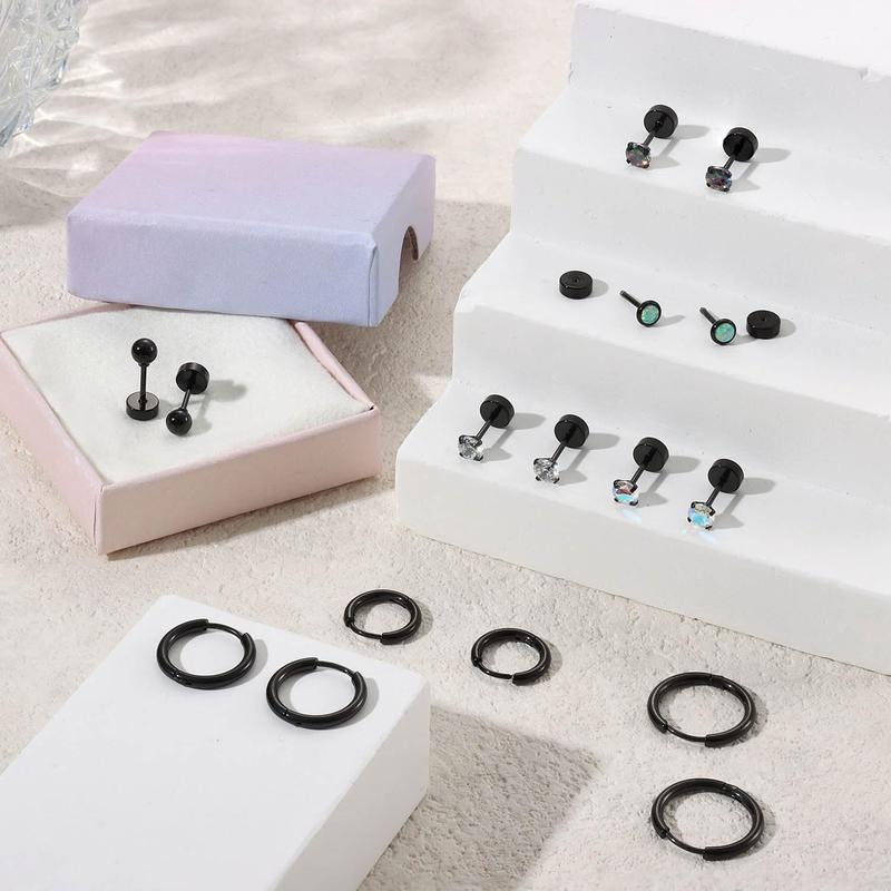 Trendy 8 Pairs Simple Classic Stud Hoop Earrings Mysterious Surgical Steel Earrings for Sensitive Ears Hypoallergenic for Women Men Charming Small CZ Flat Back Cartilage Earrings Set Unique Design Show An Unrestrained Attitude Simple Smooth Surface