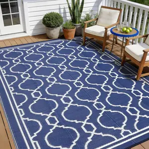 Reversible Outdoor Rug for Patio - Waterproof Plastic Straw Area Mat - UV-Resistant, Collapsible, Easy to Clean - Compatible for Camping, Picnic, Deck, RV, Beach - Navy/White, 8x10ft (240x305cm), United States