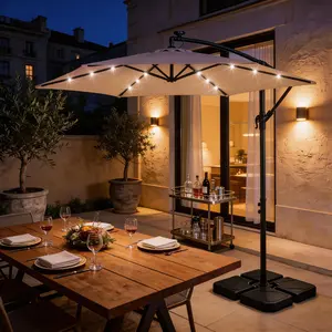 [Summerwins]10FT Offset Hanging Patio Umbrella with 18 LED Lights, Round Banana Cantilever Umbrella with Cross Base, Waterproof Outdoor Sun Shade for Garden, Backyard