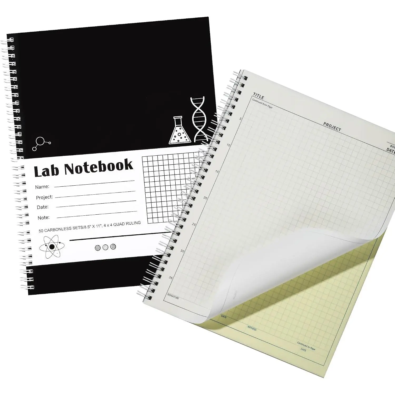 Carbonless Lab Notebook - 50 Carbonless Sets(8.5'' X 11''), Carbon Copy Science Notebook with Scientific Grid Pages for Chemistry & Engineering, Students & Researchers, Wire-O Binding (1, Black)