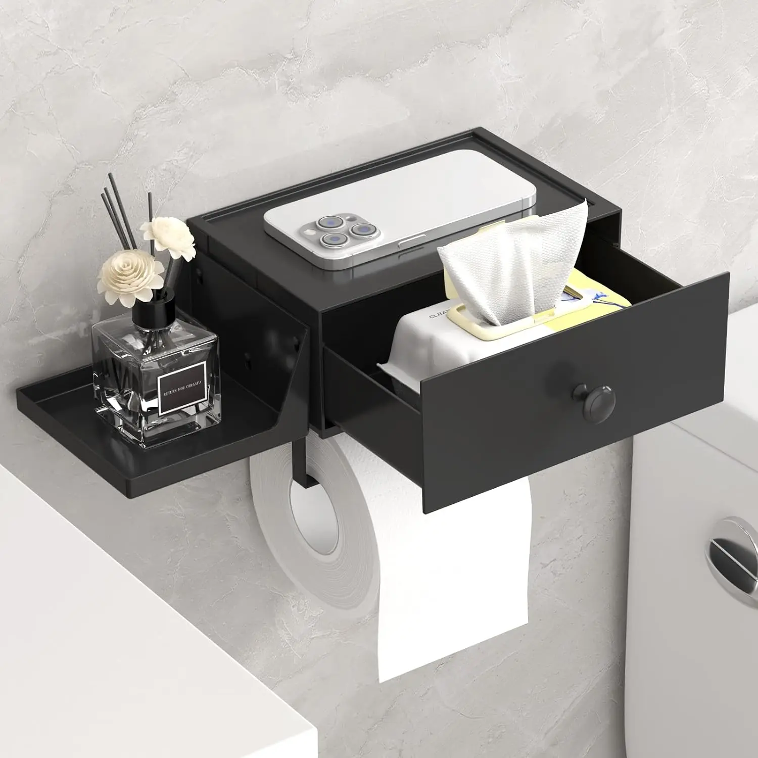 Plastic Toilet Paper Holder with Shelf and Drawer, Screw or Adhesive Wall Mount Tissue Roll Storage, Sturdy Bathroom Wipes Dispenser Organizer, Black, 1 Pack