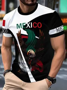 Men's Football Print Short Sleeve T-Shirt, Round Neck Comfortable Sport Top, Mexico Theme, Durable Knit Fabric, Ideal for Fans and Daily Wear, Sports Tees