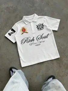 Men's Rich Soul Forever Young New York LA Print Polo Shirt, Vintage Crest Emblem Casual Short Sleeve Top